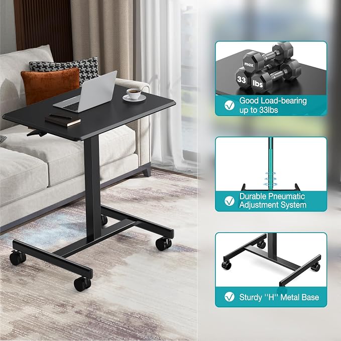 DUMOS Mobile Rolling Desk with Wheels Adjustable Height | Small Standing Desks Portable Laptop PC Table, Computer Workstation for Home Office Small Space, Modern Black - Image 5