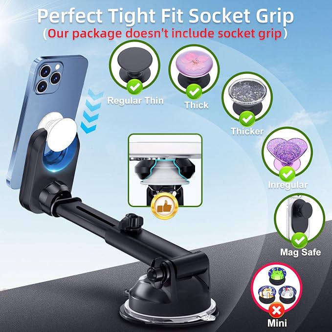 pop-tech Car Phone Mount for Pop Socket: Suction Cup Cell Phone Holders for Automobile Dashboard Windshield Window - Dash Mounted Cellphone Stand Black Fits Thick Socket Wallet Grip for iPhone Samsung - Image 9