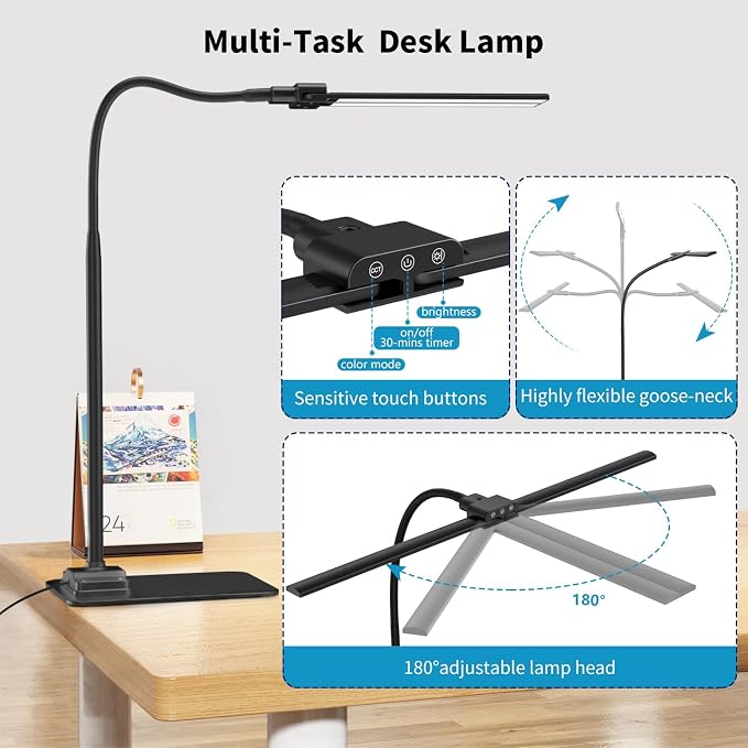 KableRika Desk Lamp Double Light: Bright Led Desk Lights for Home Office - Eye Care Reading Table Lamps with Base - Dimmable Desktop Lighting for Computer Monitor Study Drafting - Image 7