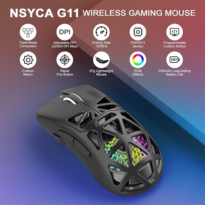 G11 Lightweight Wireless Gaming Mouse for FPS & Competitive Gaming, Tri-Mode Bluetooth 5.1/2.4GHz/USB-C, 22000 DPI RGB Mouse with Programmable Buttons for PC, Laptop & Mac (Black) - Image 2