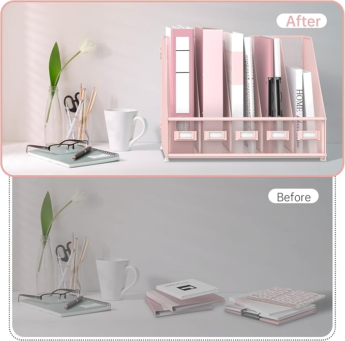 SUPEASY Desk Organizers Metal Desk Magazine File Holder with 5 Vertical Compartments Rack File Organizer for Office Desktop, Classroom, Home Workspace, Pink Plus - Image 6