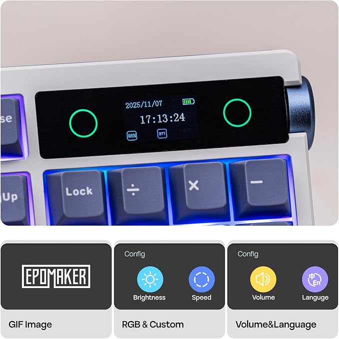 EPOMAKER TH108 PRO Full Size Mechanical Keyboard with Screen & Knob, Wireless Gaming Keyboard with 10000mAh, Creamy Gasket, Hot Swap, Custom Driver, RGB Backlight (White, Sea Salt Silent) - Image 3