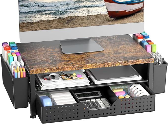 Monitor Riser, Laptop Stand for Desk, Office Desk Organizer and Accessories, Computer Monitor Stand, Desktop Shelf with Drawer and Pen Holder, Printer Stand for Home, Office, Dorm (Brown) by Illuminatinglifewiththewarmthandloveoflight