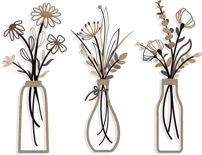 Pigort 3 Pieces Metal Flowers Wall Arts - Rustic Farmhouse Style Décor Metal Wall Art Black Minimalist Flower Natural Themed Wall Decors for Home Bedroom Dining Room Housewarming (Brown) by Artisinfiniteloveiseternaljustlikepi
