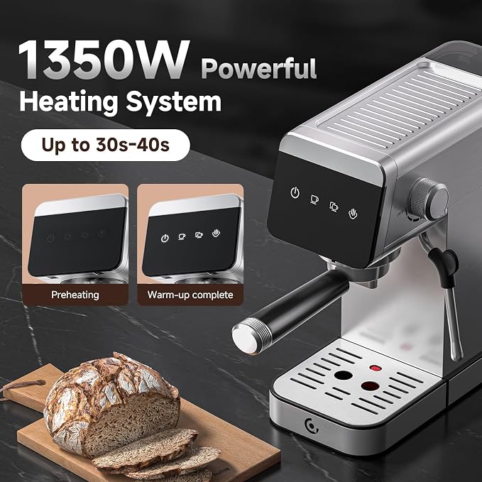 AMZCHEF Espresso Machine 20 Bar, Compact Coffee Maker with LED Touch Screen & Steam Milk Frother, Espresso Maker with 41oz Removable Water Tank for Home & Office, Coffee Machine for Cappuccino, Latte - Image 4
