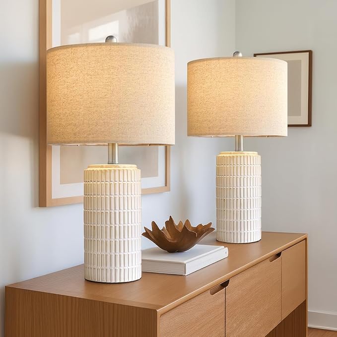 PoKat 24" Modern Ceramic Table Lamps Set of 2 for Bedroom, White Bedside Lamps for Night Stands, Farmhouse Desk Decor Nightstand Table Lamps for Living Room End Table Beige - Image 5