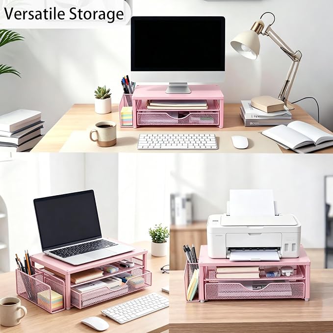 Spacrea Desk Organizer and Accessories, Computer Monitor Stand Riser with Drawer and 1 Open Pen Holder, Printer & Laptop Stand, Office Desk Accessories for Home Office Supplies (Pink) - Image 3