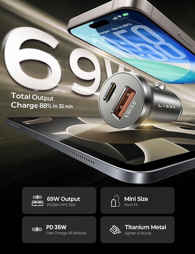 LISEN 69W Mini Cigarette Lighter Adapter Car Charger USB C Fast Charging | 12V Cigarette Lighter USB Car Charger Fast Charging Adapter, for iPhone 17 Pro Max 16 15 14 13 12 Plus Mini, Samsung S26 S25 - Image 3