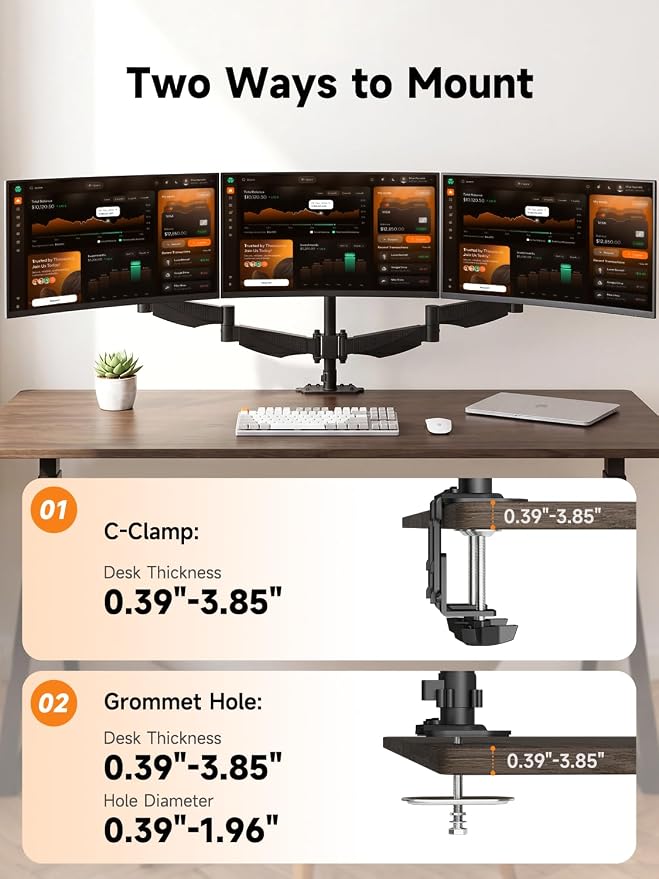 Bracwiser Triple Monitor Mount for 17 to 34 inch Screens, Holds up to 26.45lb, Adjustable Triple Monitors Stand for Desk with Tilt, Swivel, Rotation, Clamp & Grommet Kit, VESA 75/100mm, Black, MDX003P - Image 9