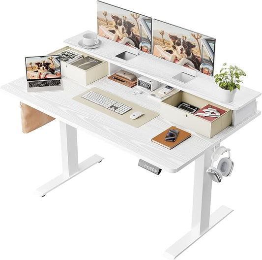 Veken 47x28 in Electric Standing Desk with Drawers, Adjustable Table, White | Stand up Computer Desk for Home Office, Work & Study, with Storage, 3 Memory Presets, Cable Organizer, Hook, and Quiet Lift. by Veken