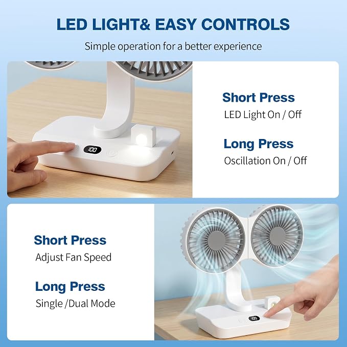 Morelax Dual Head Desk Fan with LED Light, USB Rechargeable Portable Mini Fan, Quiet Desktop & Wall-Mounted Fan, Multi-Angle Rotation, 4 Speeds, for Bedroom, Home, Office, Camping - Image 8