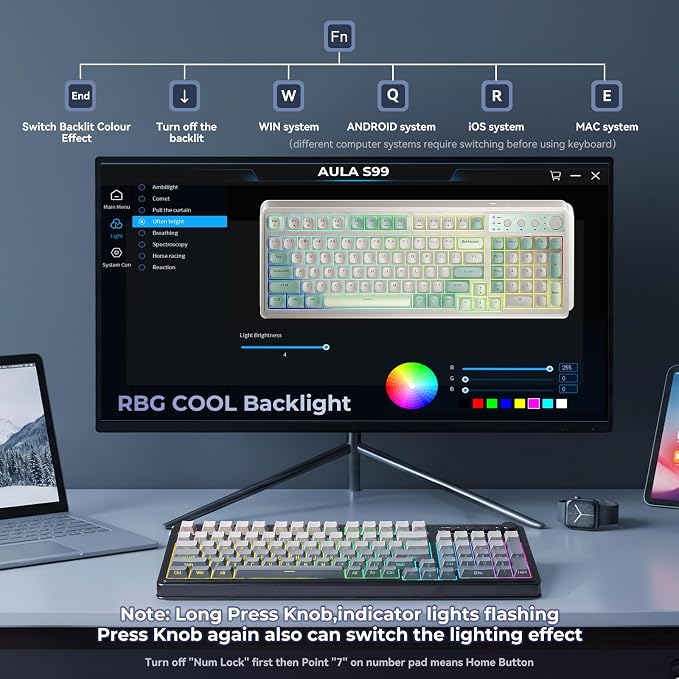 AULA Keyboard Gaming Wireless Creamy Computer Keyboards with Number Pad | Side-printed Light Transmission Letters Keyboard,99 Keys,RGB Backlit,Tri-Mode BT/2.4GHz/USB-C Connection,Gradient Grey - Image 3