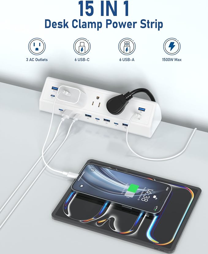Jgstkcity 130W Desk Clamp Power Strip, 12 USB Ports (6 PD 65W USB-C),Surge Protector,ETL Listed Power Hub Extension Cord,Fast Charging Station for Home Office Desk Edge Mount (White, 12 USB-130W) - Image 4