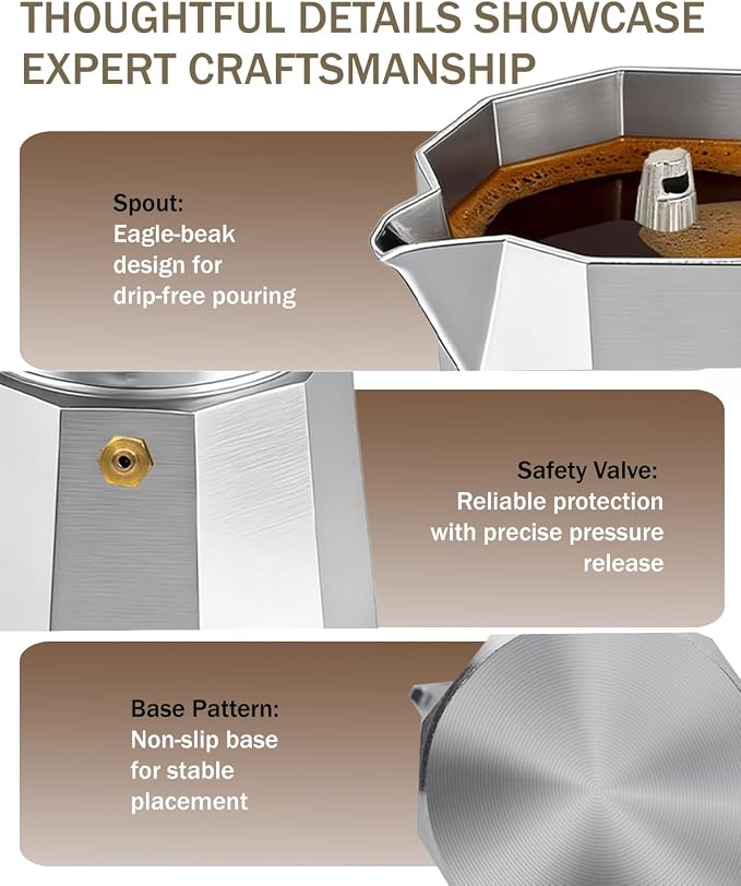 Coffee Maker Stovetop Espresso Maker 3 Cup Aluminum Moka Pot Percolator 5oz 150ml Easy Brewing for Electric Ceramic Stoves Home Camping Italian Cuban Café Classic Silver - Image 7