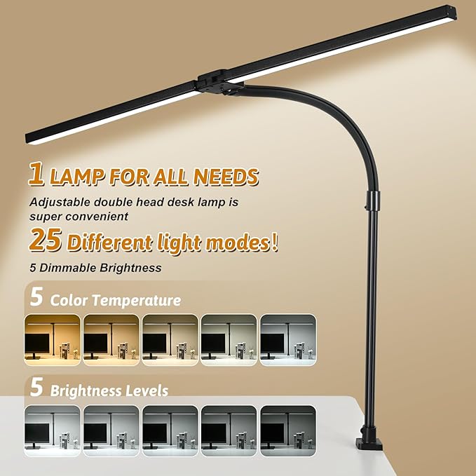 LED Desk Lamp with Base, 18W Dimmable Light, No Remote | 18W Dimmable Eye-Caring Clamp Light with Anti-Glare Cover and Flexible Gooseneck for Office, Dorm, Home and Study - Image 2