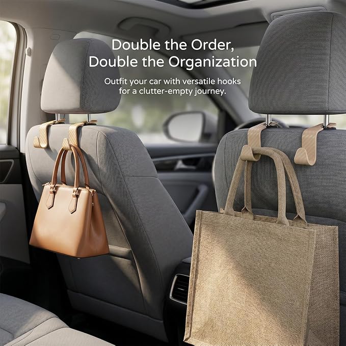 4PCS Car Seat Headrest Hooks, Auto Back Seat Hanger Holder, Durable Stylish Vehicle Organizer Universal Car Interior Accessories, Storage Hooks for Purses, Bags, Clothes (Carbon Fiber/Beige) - Image 6