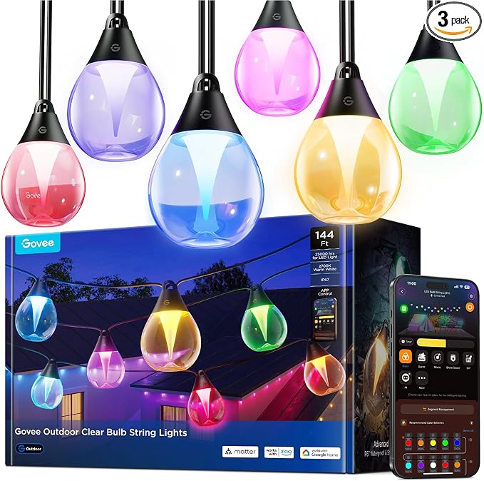 Govee Clear Bulb Outdoor String Lights, 144ft IP67 Patio & Backyard Lights | 45 RGBWIC Dimmable LED Bulbs, 111 Modes, Music Sync, IP67 Waterproof & Shatterproof, Work with Alexa, Google & Matter by Unknown