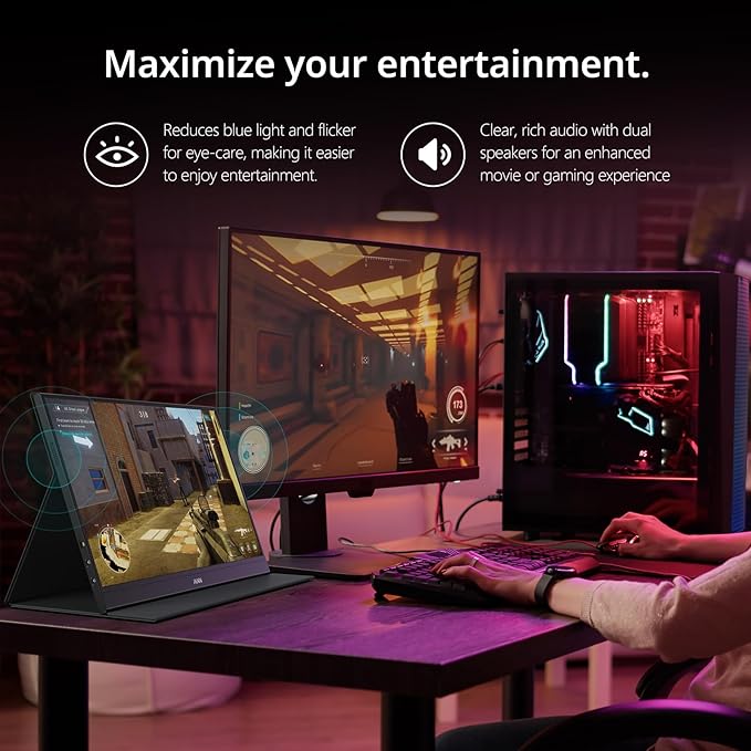 MNN 15.6" FHD 60Hz Portable Monitor USB-C HDMI IPS HDR Gaming Laptop | 15.6" FHD IPS HDR, 0.76cm/694g, USB-C one-cable, PC/Mac/Phone/Switch, speakers+stand, L/P, low blue, work&game - Image 4