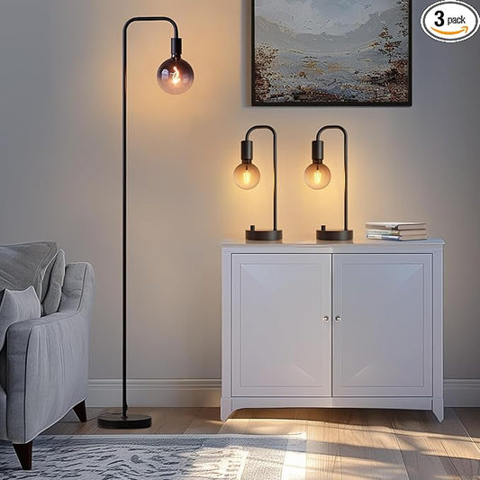 ONEWISH Industrial Lamp Set 3 Piece-1 Floor Lamp and 2 Dimmable Table Lamp- 3 Pack Modern Matching Floor and Table Lamp with Gradient Black Globe Bulb for Living Room,Bedroom(Bulb Included) by onewish