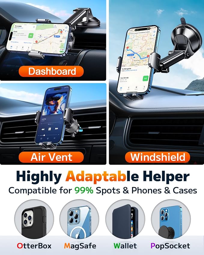 Qifutan Phone Holders for Your Car Cell Phone Mount for Car Mount Windshield Dashboard Air Vent Universal Hands Free Automobile Cell Phone Holder Fit for iPhone Smartphone Camera Mounts - Image 2