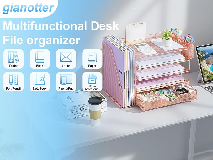 gianotter 5-Tier Desk Organizer with Drawers and File Holders | Letter Trays and Pen Holders - Workspace Accessories for Office Supplies (Rose Gold) - Image 7