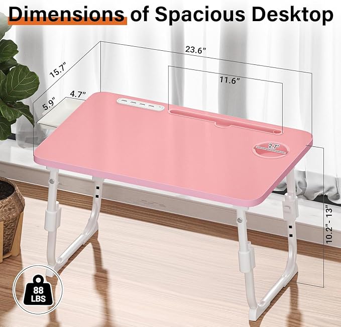 Lap Desk for Bed, Adjustable Laptop Desk with USB Charging Port, Storage Drawer & Bookshelf — Foldable Bed Desk for WFH & Students, 23.6" Desktop Fits 20" Laptop, Non-Slip, Pink - Image 4