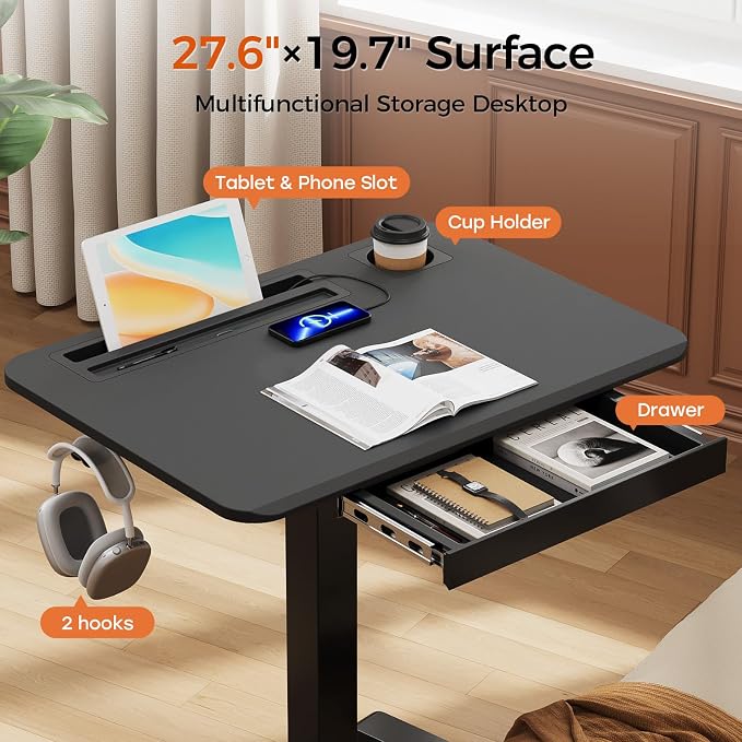 28" Mobile Standing Desk with Drawer, Portable Laptop Desk | Rolling Desk with Cup Holder & Hooks, Height Adjustable Computer Cart on Wheels for Classroom, Study Desk with Storage, Black - Image 3