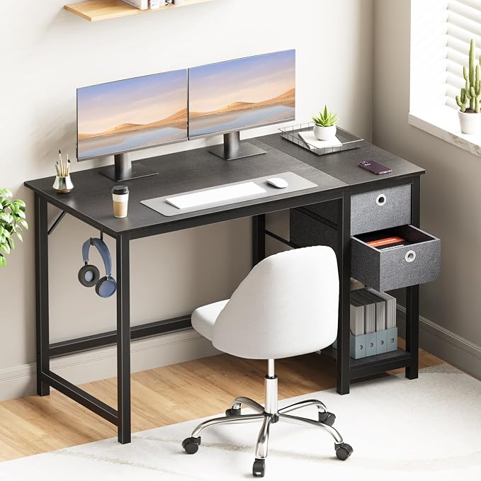 Sweetcrispy 40-Inch Computer Desk with Drawers, Office Desk, Black | Small Desk for Bedroom Home Office with Side Hook, Modern Simple desk with storage for Writing - Image 2