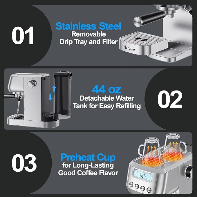 Horavie Ultra Espresso Machine with LCD Display, Espresso Maker with Powerful Milk Frother, Customizable Brewing Temperature, Professional Cappuccino & Latte Machine, Gift for Men & Women - Image 6
