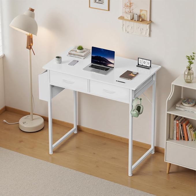 OLIXIS 32 Inch Gaming Desk, Computer Desk, Fabric Drawers | Side Bag Headphone Hook, Home Office Work Table, Writing Study Bedroom, Small Space, White - Image 2