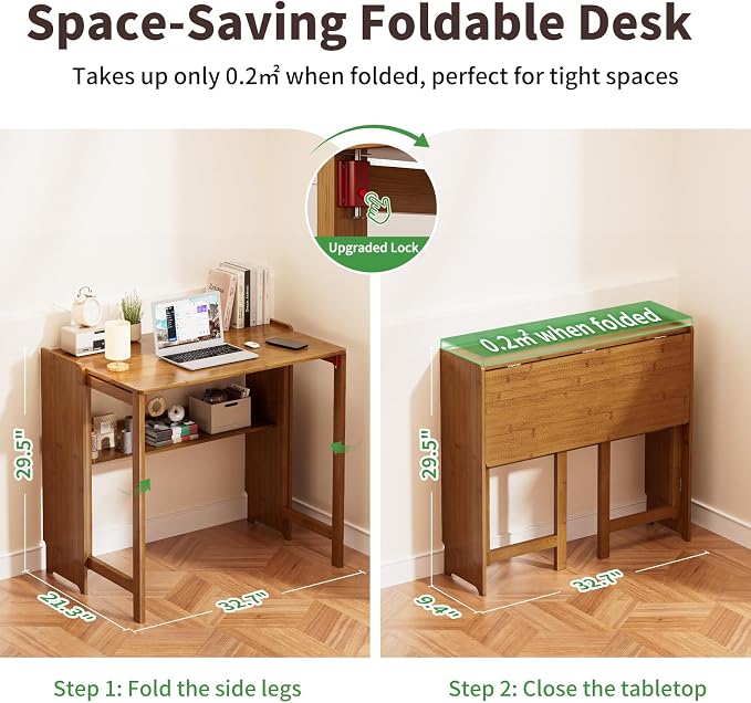 Folding Desk for Small Spaces, Bamboo Foldable Desk with Storage, Brown | Small Computer Desk with Bookshelf, Mid Century, Fold Out，Compact Size, for Bedroom, Living Room, Apartment, Home Office - Image 2