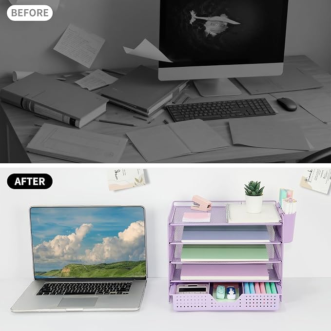LEKETREE Desk Organizers and Accessories, 5-Tier Paper Letter Tray Organizer with Drawer & 2 Pen Holders, Desktop Organizer for Office Supplies (Purple) - Image 6
