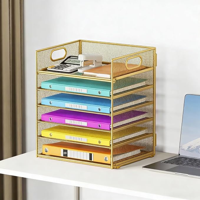 6 Tiers Letter Tray Paper Organizer with Handle, Mesh Desk File Organizer, Metal Desktop Document Shelf Organization, Paper Sorter Organizer for Office, Home or School File Folder Holder (Gold) - Image 5