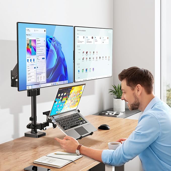 WALI Triple Arm Laptop and Dual Monitor Desk Mount for 17" Notebook and Up to 32" Screens, Adjustable Monitor Arms with Tilt Swivel Rotation, VESA 75x75 100x100, Black (GSDM003LP) - Image 8