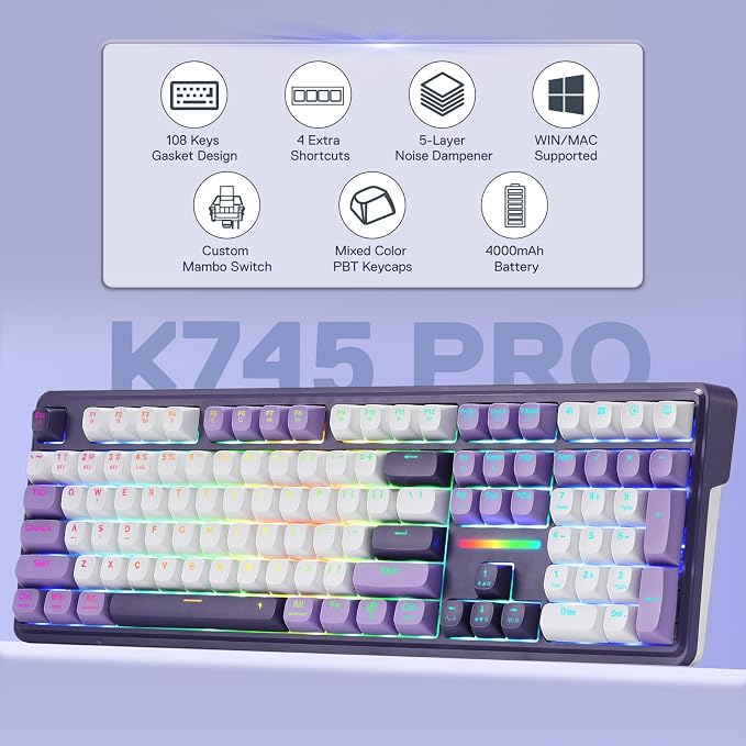 Redragon K745 PRO Wireless 108-Key Gasket RGB Gaming Keyboard, 4 Hotkeys | Extra Shortcut Keys, 0-Delay Tri-Mode, Cushioned Noise Dampening for Creamy Thocky Sound, Unfaded PBT Keycaps, PRO Software - Image 2