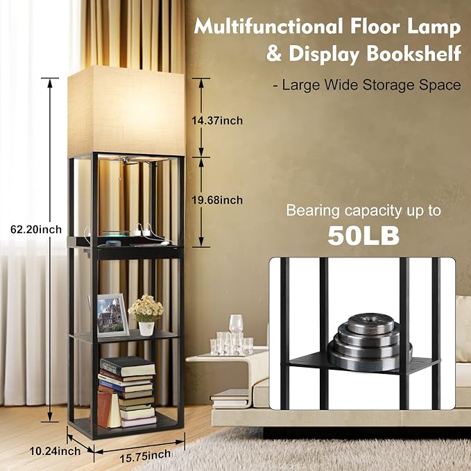 RUNTOP Plus Charging Station Floor Lamp with Wireless Charger, 2 USB-C Port, 2 Power Outlet, Floor Lamp with Shelves, 15W LED Bulb, 3 Colors, Memory Function, Standing Lamp for Living Room Bedroom - Image 5
