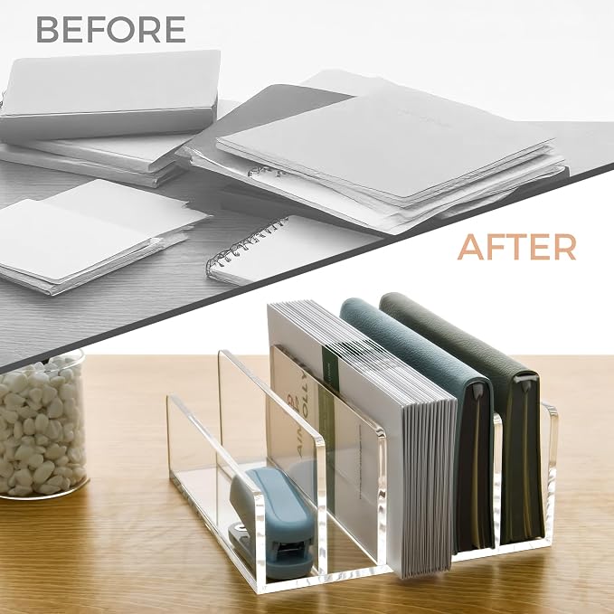 5 Compartments Clear Acrylic Mail Holder – Vertical Letter Sorter & Multifunction Desk Organizer for Bills, Documents, Notebooks – Modern Office/Home Envelope File Rack - Image 8
