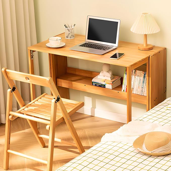 Bamboo Folding Desk Mid Century Modern Desk for Home Office Bedroom Small Spaces，Natural - Image 6