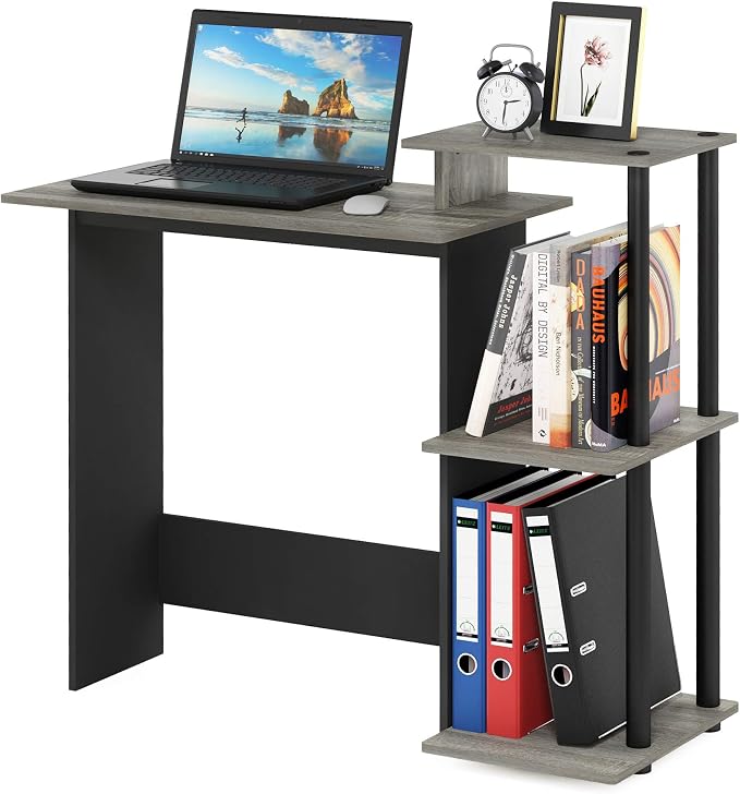 Furinno Efficient 29-Inch Grey Computer Desk with Side Shelves, Gaming Desk with 3 Open Shelves, Home Office Desk, for Home Office, Study Room, Dorm, Bedroom, Grey Oak/Black - Image 3