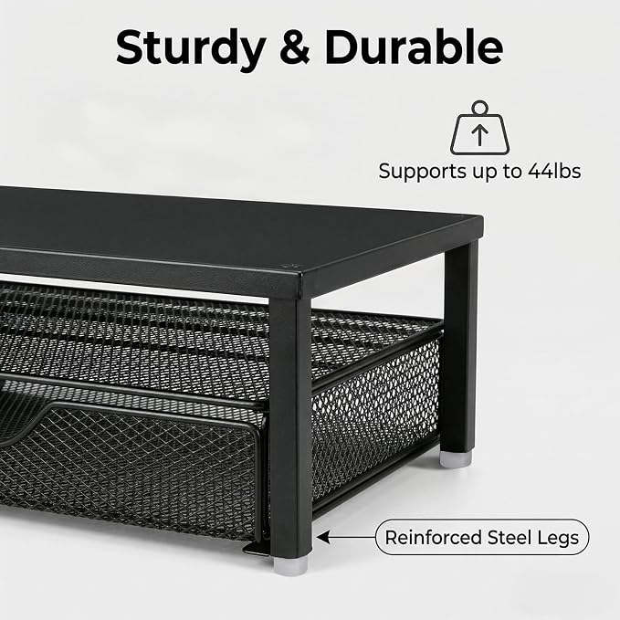 Spacrea Desk Organizer and Accessories, Computer Monitor Stand Riser with Drawer and 1 Open Pen Holder, Printer & Laptop Stand, Office Desk Accessories for Home Office Supplies (Black) - Image 4