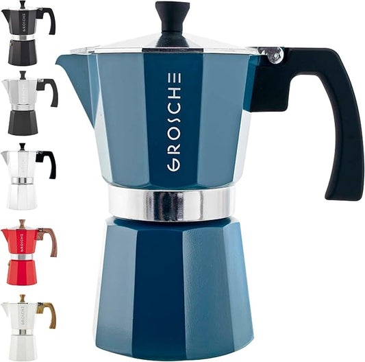 GROSCHE Milano Stovetop Espresso Maker Moka Pot 6 espresso Cup, 9.3 oz Blue | Cuban Coffee Maker And Italian Moka Pot For Stovetop Espresso; For Gas, Electric, And Propane Stoves With A Soft-Touch Handle by GROSCHE