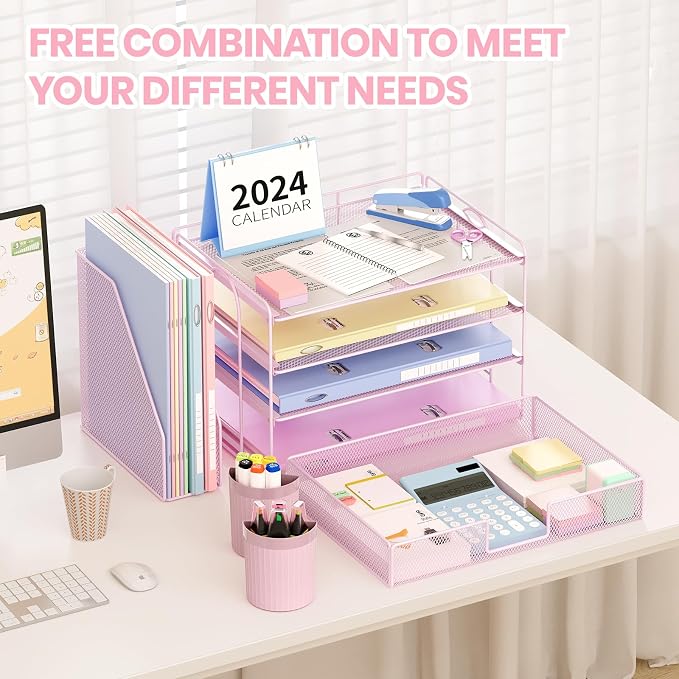 OPNICE Desk Organizer, 4-Tier Desktop File Organizer with Drawer and Pen Holders, Office Desk Accessories, File Sorters, Workspace Organizers for Office Supplies(Pink) - Image 4