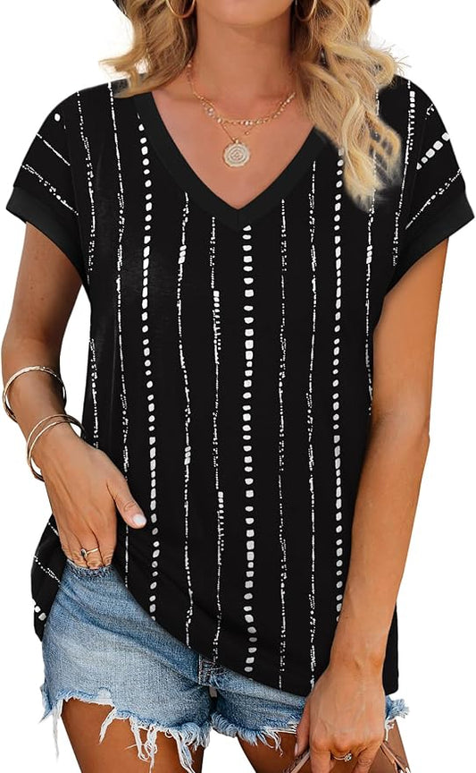 WIHOLL Womens Summer Tops 2026 Cap Short Sleeve Shirs V Neck T Shirts Fashion Beach Vacation Clothes Color Block by WIHOLL