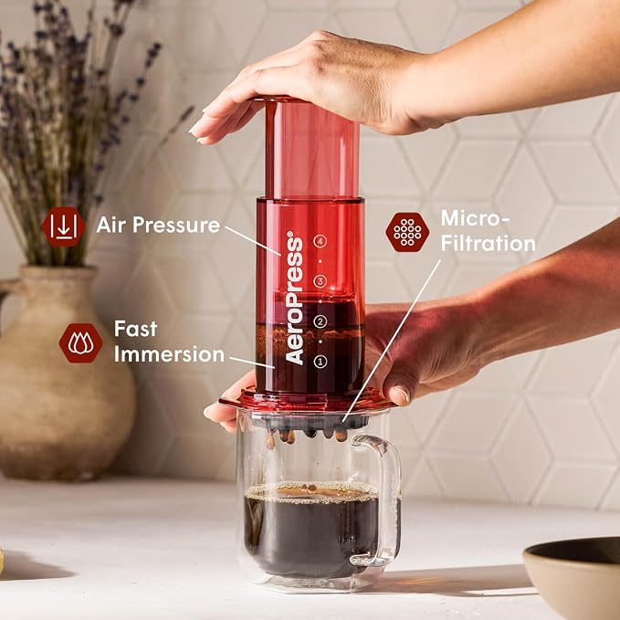 AeroPress Clear Red Coffee Press, French Press, Pour-Over & Espresso Style | All-in-One Manual Coffee Maker, 2-Minute Brew, Less Bitterness, More Flavor, Portable, Travel & Camping - Image 2