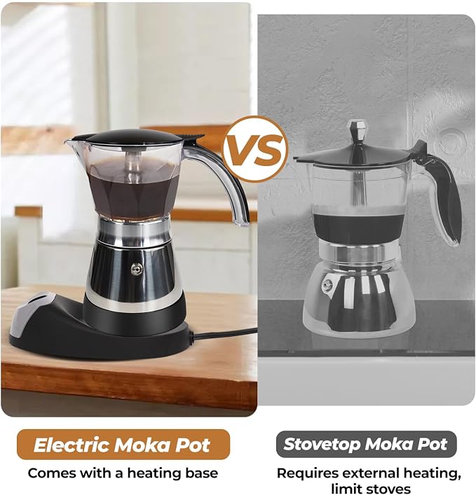 Electric Plastic Clear Moka Pot 3-6 Cup 150-300ml Mocha Pot | Stainless Steel Espresso Maker with Detachable Base Ideal Coffee Maker for Home Italian and Cuban Café Coffeemaker Black - Image 8
