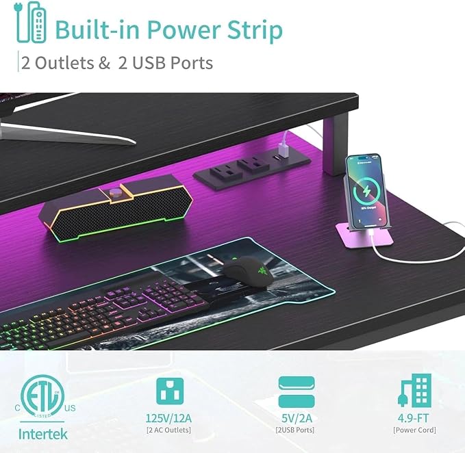 Lufeiya Small Desk with Power Outlets and LED Lights, 32 Inch Teen Writing Study Table Home Office Computer Desks with Monitor Stand, Gaming Desk with Charging Station, Black - Image 6