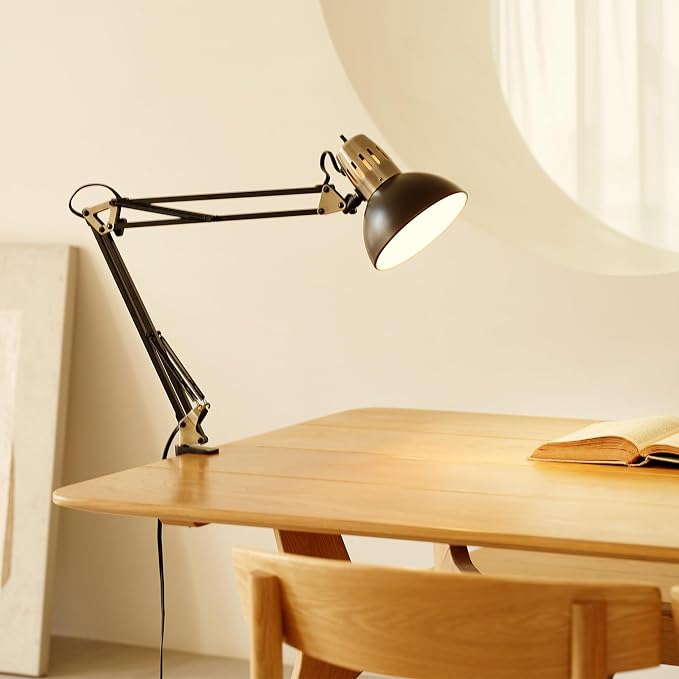 Globe Electric 62000009 32" Multi-Joint Desk Lamp with Metal Clamp, Matte Black, Antique Brass Accents, On/Off Rotary Switch on Shade, Partially Adjustable Swing Arm, Home Décor, Office Accessory - Image 2