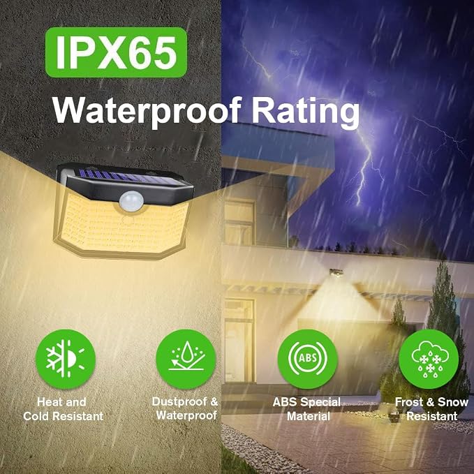 HMCITY 120 LED Outdoor Solar Lights- with Motion Sensor and 3 Lighting Modes, IP65 Waterproof Wide Solar Wall Lights Ideal for Garden Patio Yard (Front Button 4Packs, Black Shell-Warm White) - Image 5