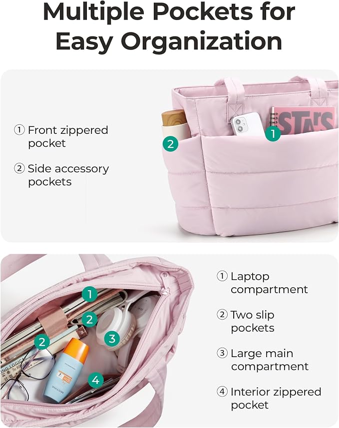 BAGSMART Tote Bag for Women, Lightweight Puffy Tote Bag with Compartments Shoulder Bag Handbag for Travel, Work, Gym | Lightweight - Image 4