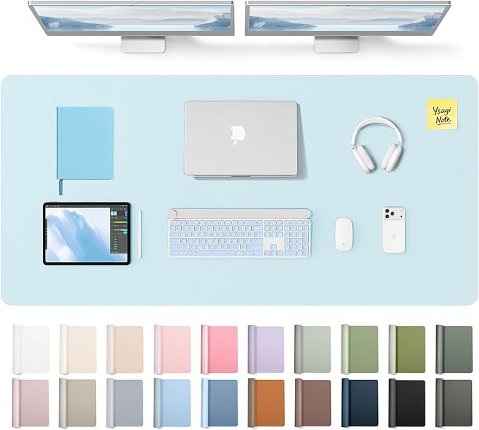 YSAGi Leather Desk Pad Protector, Office Desk Mat, Large Mouse Pad, Non-Slip PU Leather Desk Blotter, Laptop Desk Pad, Waterproof Desk Writing Pad for Office and Home (Baby Blue,55" x 24") by YSAGi